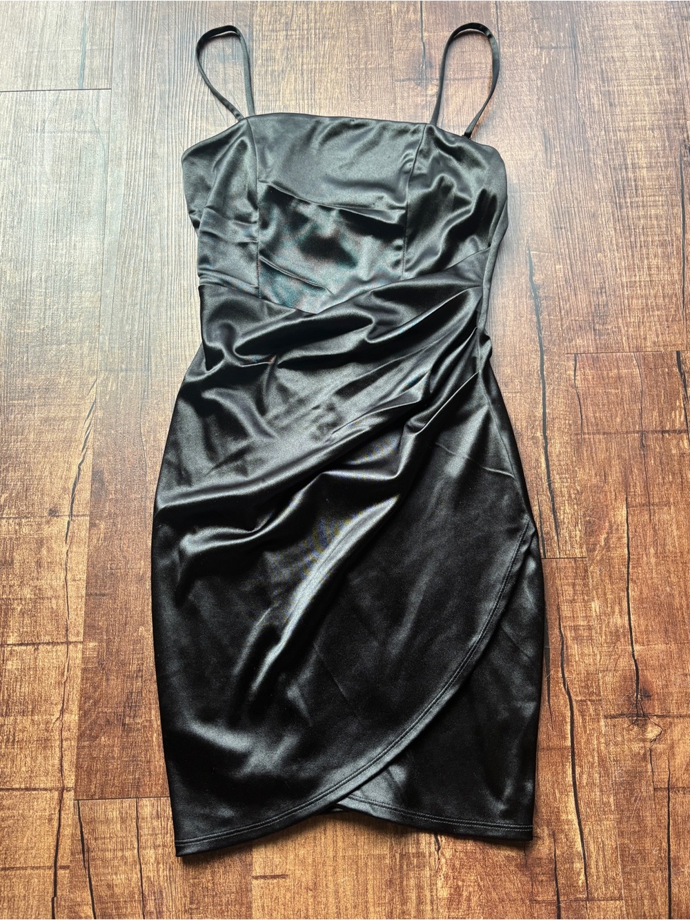 Emerald Sundae Black Satin Ruched Spaghetti-Strap Mini Dress